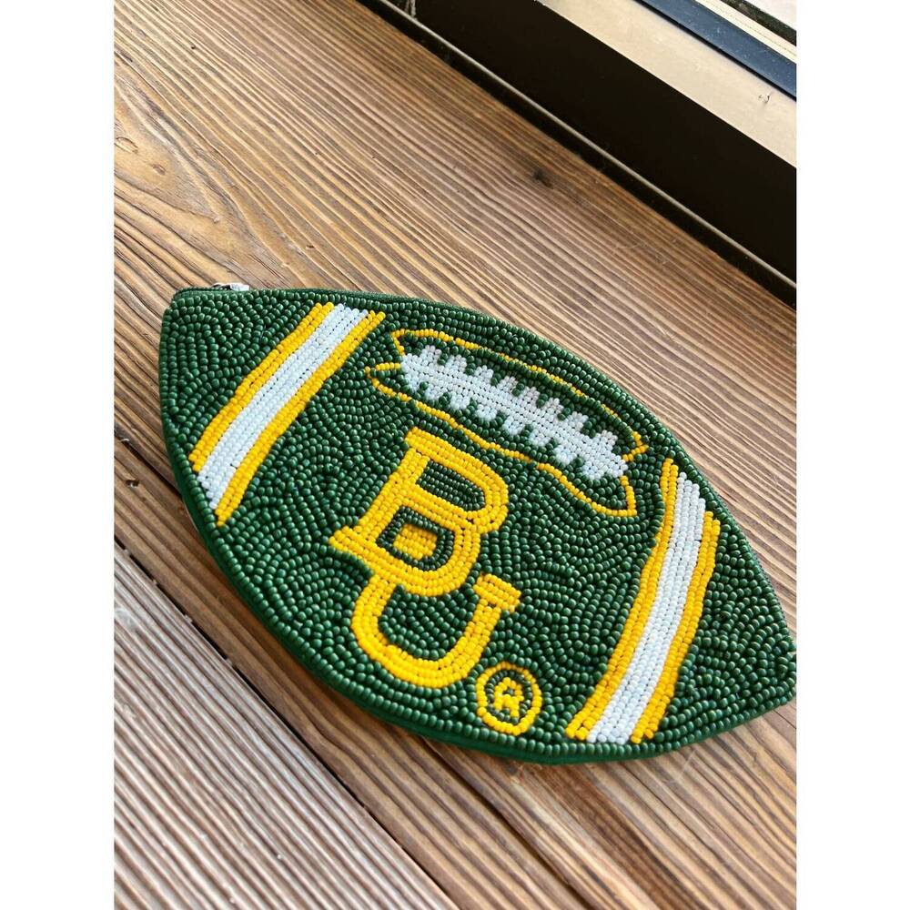NEW LA CHIC DESIGNS baylor beaded football pouch in green/yellow